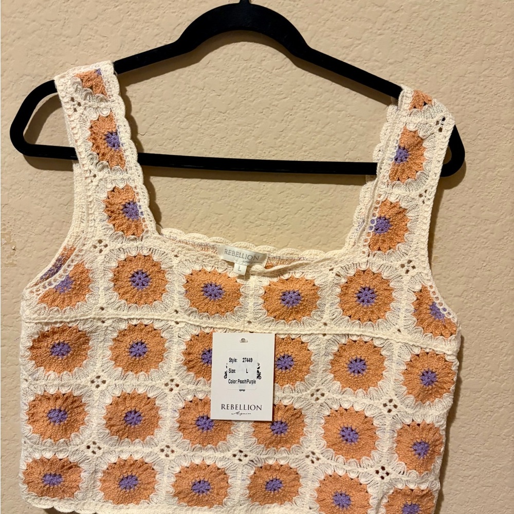 Rebellion Crochet Square-Neck Crop Top in Cream, Peach & Lavender